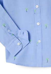 Camicia azzurra chiara con maniche lunghe, caratterizzata da palme ricamate in verde, bottoni in plastica e un dettaglio di polsini piegati. Tessuto leggero.