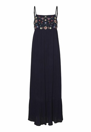 Vestido largo navy con tirantes ajustables, diseño floral bordado en el cuerpo y un dobladillo en capas y fluido. Textura de tela suave.