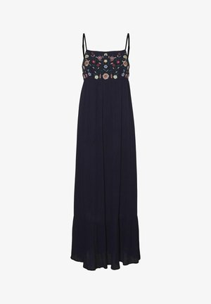 Robe maxi marine avec bretelles spaghetti ajustables, design floral brodé sur le buste et ourlet en couches fluide. Texture de tissu douce.