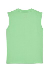 Svetlozelena brezrokavna bombažna majica s krožnim ovratnikom in čistimi robovi. Gladka tekstura brez vzorcev ali vidljive kovine.