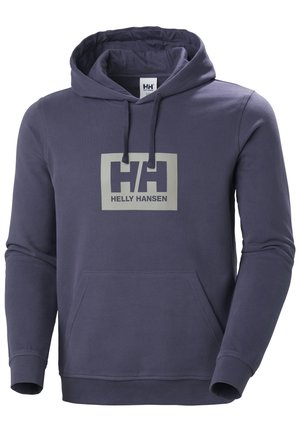 Navy blue hoodie made of cotton blend, featuring a front pouch pocket and a large gray Helly Hansen logo on the chest. Adjustable drawstring hood.