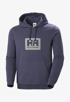 Navy blue hoodie made of cotton blend, featuring a front pouch pocket and a large gray Helly Hansen logo on the chest. Adjustable drawstring hood.