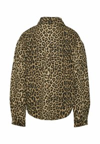 Srajca z leopardjim vzorcem, ki se ponaša z ovratnikom, gumbnimi manšetami in sproščenim krojem. Tkanina ima mehak teksturo z rjavimi in črnimi odtenki.