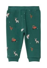 Groene katoenen broek met dieren- en tractorprints, voorzien van een elastische tailleband en boorden. De ontwerpen omvatten koeien, schapen, eenden en ezels.