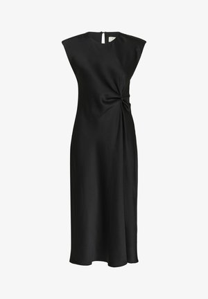 Black dress made of smooth fabric, features a high neckline, cap sleeves, and a twisted detail at the waist, with a mid-length hemline.