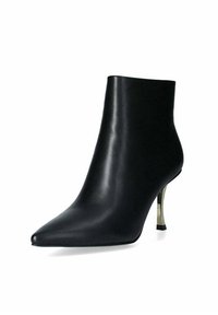 Stivale nero in pelle alla caviglia con punta affilata e tacco a stiletto dorato metallizzato. Design elegante con una superficie liscia. Senza motivi visibili o accessori.