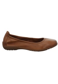 Brown leather ballet flat with a rounded toe, smooth texture, minimal stitching, and flexible rubber sole.