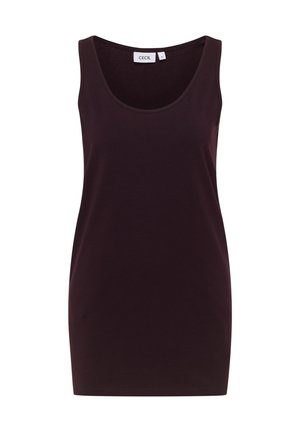 Bezrukávový fialový top z měkké, elastické látky s kulatým výstřihem a přiléhavým střihem, navržený pro pohodlí a snadný pohyb.