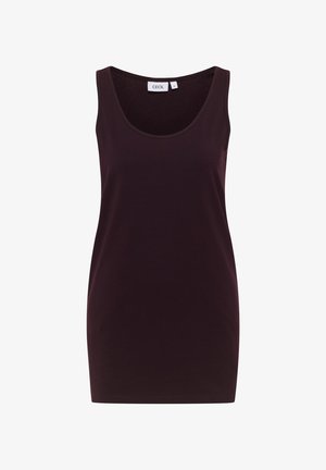 Bezrukávový fialový top z měkké, elastické látky s kulatým výstřihem a přiléhavým střihem, navržený pro pohodlí a snadný pohyb.