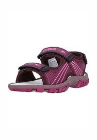Lila och rosa sport sandal med justerbara remmar, en dämpad sula och greppdetaljer. Modern design med matchande färgaccenter.