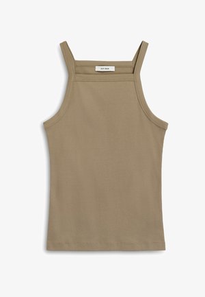 Khaki top na ramiączkach, z cienkimi ramiączkami, o strukturalnej ribbowanej teksturze i prostym końcu. Metka z napisem "IVY OAK" przy dekolcie.