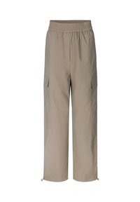 Lysebeige cargo bukser med elastisk talje, to sidelommer og snoretræk ved anklerne, lavet af et glat, let stof.