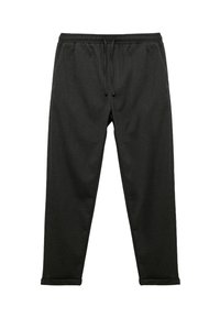 Sorte, tapered bukser med elastisk talje og snor. Fremstillet af et blødt, tekstureret stof med rullede manchetter ved kanten.