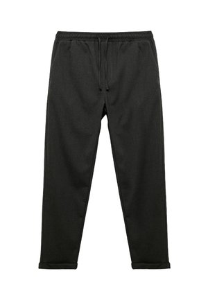 Pantalones negros ajustados con cintura elástica y cordón de ajuste. Fabricados en un tejido suave y texturizado, con dobladillos enrollados en el extremo.
