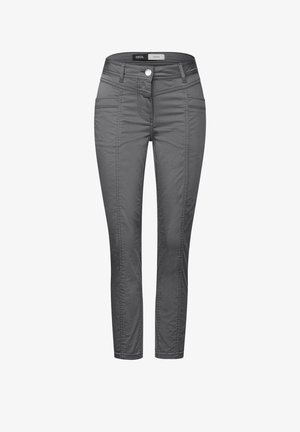Šedé kalhoty z bavlněné směsi s úzkým střihem, se zapínáním na knoflík, předními kapsami a prošitím podél švů.