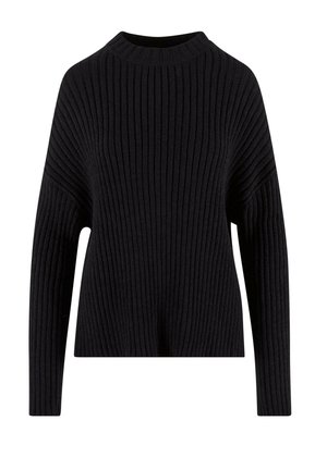 Schwarzer, gerippter Pullover mit hohem Kragen und weiten Ärmeln, aus strukturiertem Material. Hat eine lockere Passform und einfarbiges Design.