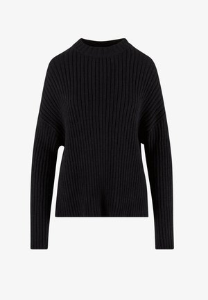 Sort, ribbet sweater med høj hals og brede ærmer, lavet af et struktureret materiale. Har en løs pasform og ensfarvet design.