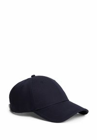 Casquette de baseball bleu marine en tissu texturé, avec une visière incurvée, une sangle arrière ajustable et des détails cousus.