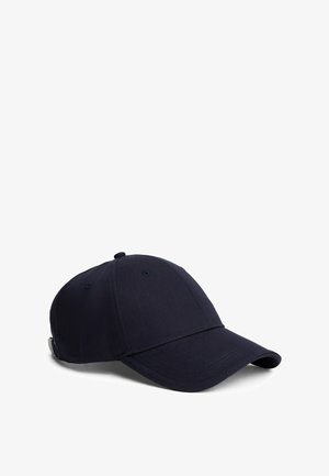 Granatowy czapka baseballowa z teksturowanej tkaniny, z lekko zakrzywionym daszkiem, regulowanym zapięciem z tyłu i przeszyciami.