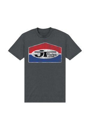 Grå bomulds T-shirt med et slidt grafisk design med røde, hvide og blå elementer, der viser "JT Racing USA" i fed skrift.