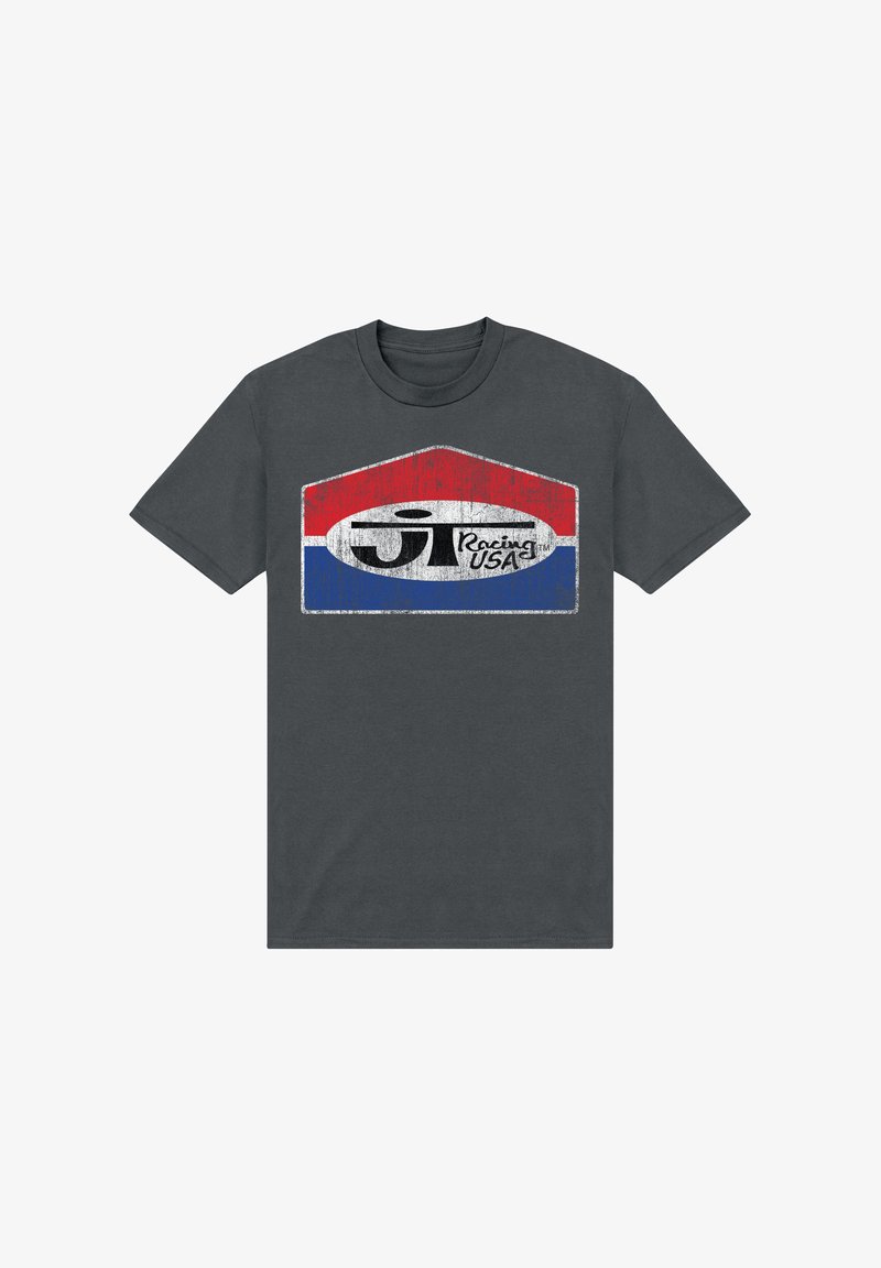 Šedé bavlněné tričko s opotřebovaným grafickým designem v červené, bílé a modré barvě, s nápisem "JT Racing USA" v tučném písmu.