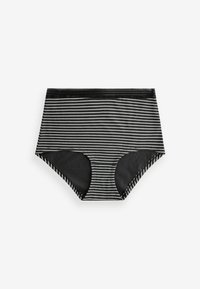 Schwarze hoch taillierte Unterhosen mit weißen horizontalen Streifen, aus weichem Stoff, mit einem Spitzenbesatz am Bund und schwarzen Akzenten.