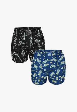 Blaue gemusterte Boxershorts aus Baumwolle, mit Schafen, Sternen und schlafbezogenen Motiven, einem elastischen Bund und einer lockeren Passform.