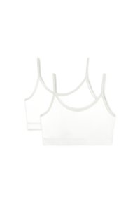 Twee witte katoenen bralettes met dunne, verstelbare bandjes en contrasterende lichtgrijze afwerking rond de halslijn en armopeningen.