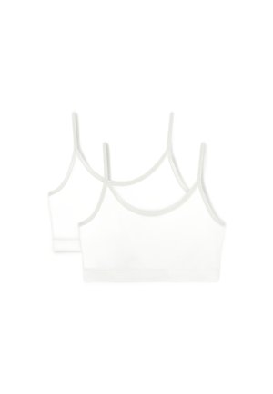 Twee witte katoenen bralettes met dunne, verstelbare bandjes en contrasterende lichtgrijze afwerking rond de halslijn en armopeningen.