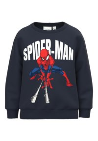 Felpa blu navy con grafica rossa di Spider-Man e testo bianco "SPIDER-MAN" e polsini e orlo a coste. Realizzata in morbido materiale.