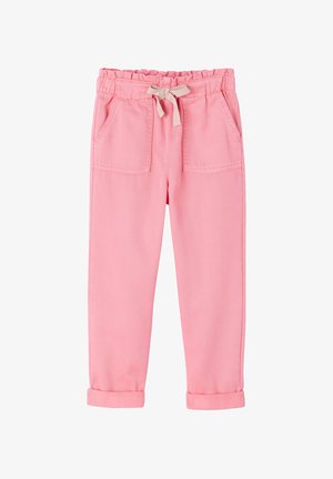 Pink toddler pants with elastic waistband, beige drawstring, front patch pockets, and rolled cuffs.