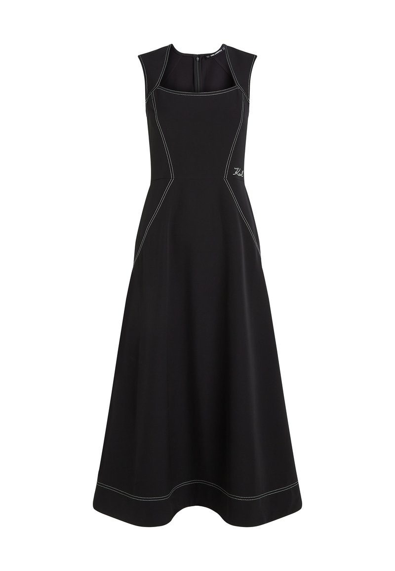 Schwarzes ärmelloses Kleid mit eng anliegendem Oberteil, schwingendem Rock, kontrastierendem weißen Nähten, quadratischem Ausschnitt und einem Reißverschluss im Rücken. Mit Markenlogo.
