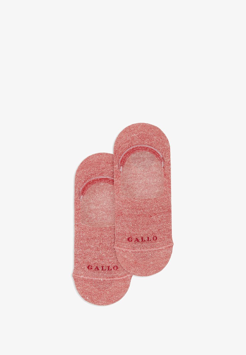 Red no-show socks made of textured fabric, featuring a solid color and rounded edges. "GALLO" is printed in contrasting red.