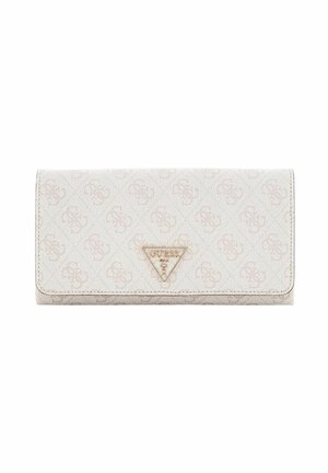 Portefeuille blanc texturé avec un motif monogramme. Orné d'une plaque logo et d'un design triangulaire. Forme compacte et rectangulaire.
