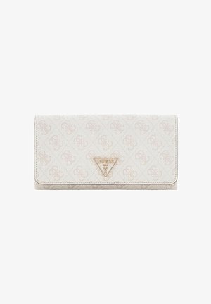 Portefeuille blanc texturé avec un motif monogramme. Orné d'une plaque logo et d'un design triangulaire. Forme compacte et rectangulaire.