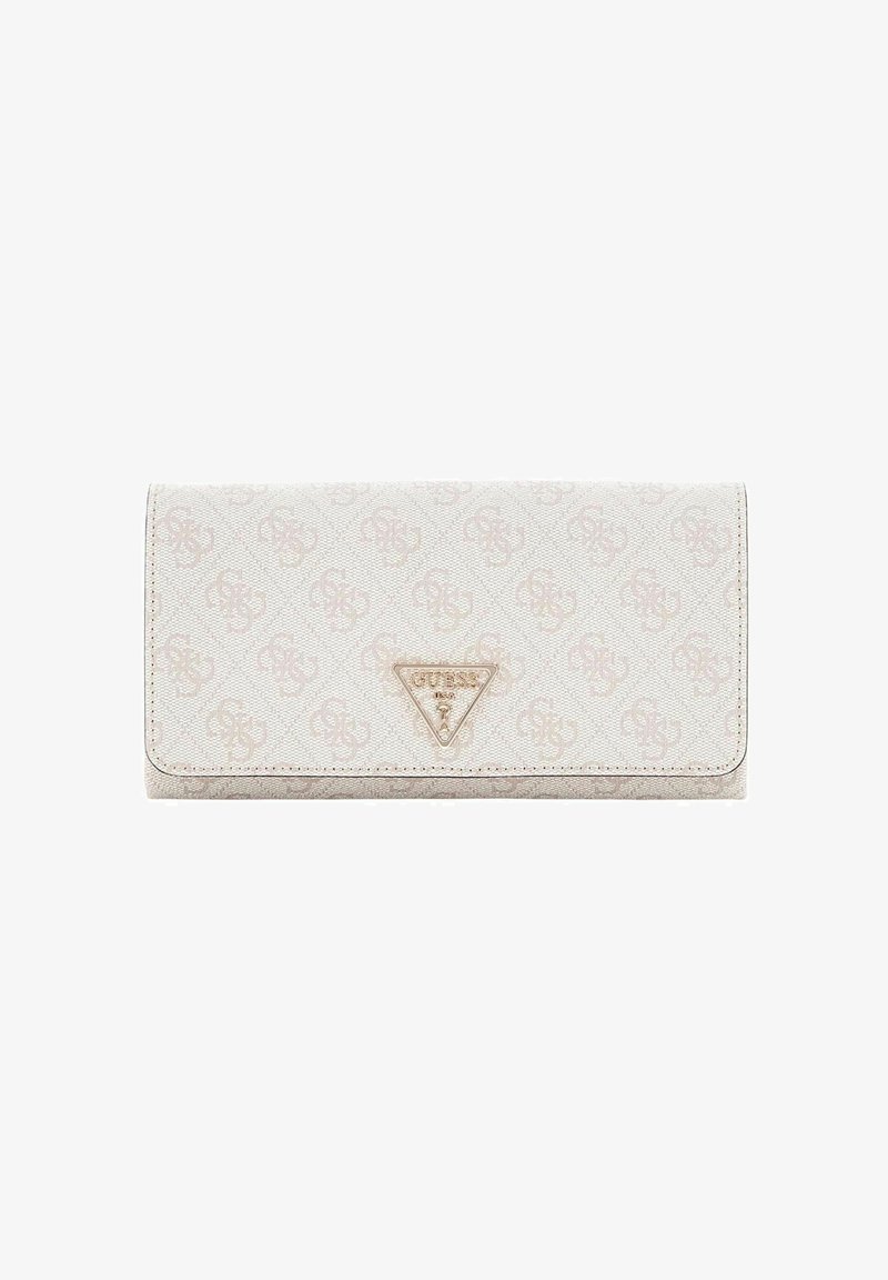 Portefeuille blanc texturé avec un motif monogramme. Orné d'une plaque logo et d'un design triangulaire. Forme compacte et rectangulaire.