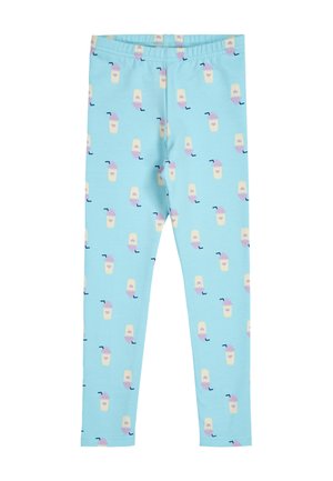 Leggings bleu clair en tissu doux, présentant un motif répété de boissons jaunes avec de la glace rose et des pailles noires. Taille élastique.