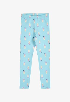 Leggings azzurri chiari realizzati in tessuto morbido, con un motivo ripetuto di bevande gialle con gelato rosa e cannucce nere. Vita elastica.