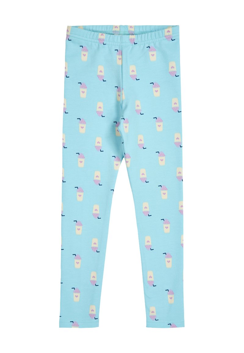 Leggings azzurri chiari realizzati in tessuto morbido, con un motivo ripetuto di bevande gialle con gelato rosa e cannucce nere. Vita elastica.