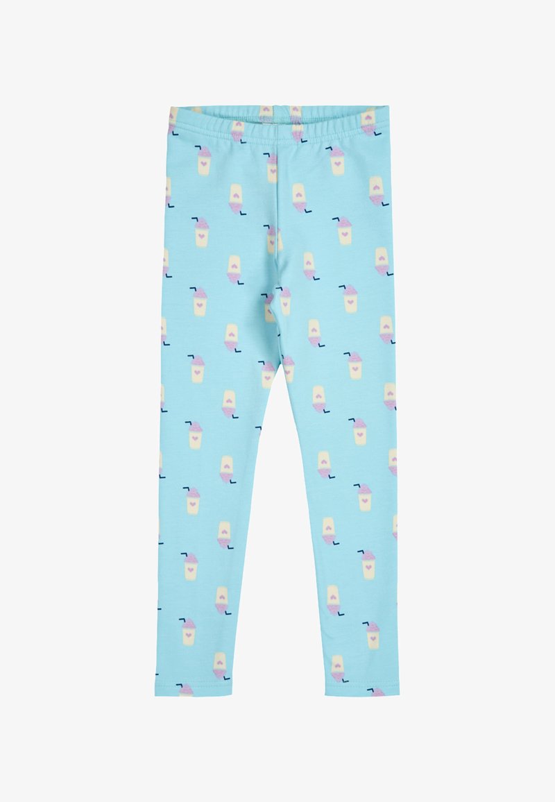 Světle modré legíny vyrobené z měkké tkaniny, zdobené opakovaným vzorem žlutých nápojů s růžovou zmrzlinou a černými brčky. Elastický pas.
