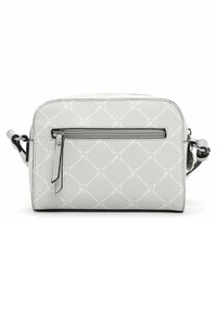 Sac en bandoulière gris clair avec motif géométrique blanc, poche zippée à l'avant et bandoulière ajustable sur fond blanc.
