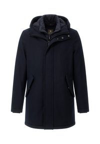 Granatowy płaszcz z kapturem zapinany na zamek, z dwoma kieszeniami po bokach i guzikami jako akcentami. Posiada pikowaną wewnętrzną podszewkę dla dodatkowego ciepła.