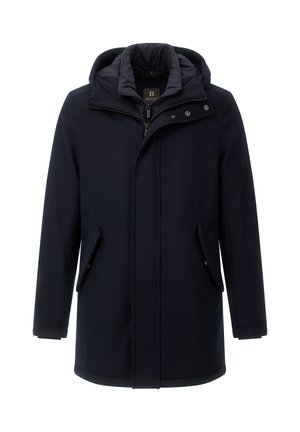 Sini takki, jossa on huppu ja vetoketjus suljenta, kaksi sivutaskua ja napituskoristeita. Varustettu lämmin vuori, joka tarjoaa lisälämpöä.