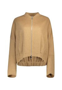 Giacca beige corta con maniche lunghe, zip frontale, orlo alto-basso e vita elasticizzata.