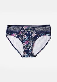 Kwiatowa bielizna bikini z granatowym tłem i różowo-zielonymi wzorami, koronkowymi detalami w pasie oraz białą podszewką.
