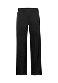 Black wide-leg pants made from smooth fabric with an elastic waistband and straight cut. No visible patterns or additional hardware details.