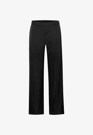 Mustad laiad püksid, mis on valmistatud siledast kangast, elastse vöökohtadega ja sirge lõikega. Ilma nähtavate mustrite või lisaseadmete detailideta.