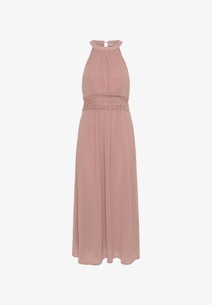 Maxikleid aus zartem rosa Chiffon, mit Halterneck, gefaltetem Oberteil, besticktem Taillendetail und Schlüsselloch-Rücken. Fließende Silhouette.