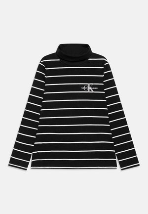 Zwarte coltrui met lange mouwen met witte horizontale strepen en een klein Calvin Klein Jeans-logo op de linkerborst.