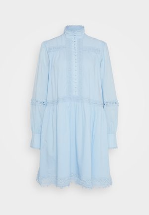 Light blue dress with long sleeves, high collar, and button detail. Features lace trim at the hem and cuffs, made of soft fabric.